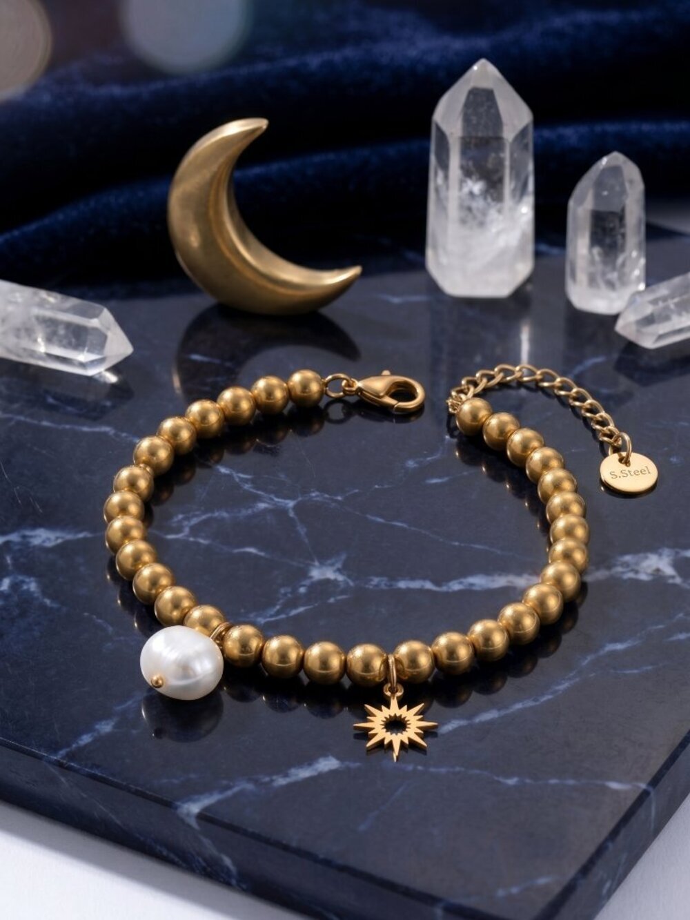 18K Gold Plated 316L Steel Beaded Bracelet Sun Charm Genuine Pearl Whimsigoth